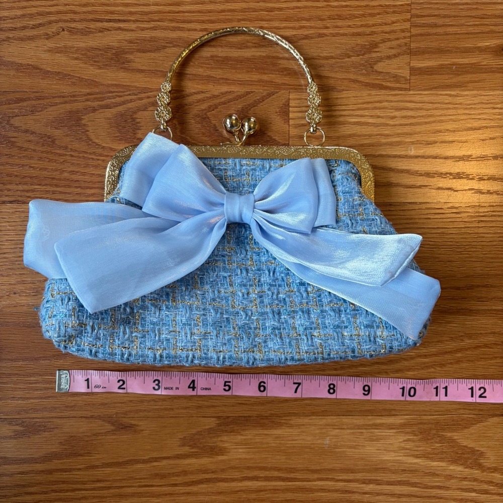 Blue Tweed Purse w/ Bow Gold Handle Chain Crossbody Bag Preppy Retro 60s Classic - Picture 4 of 8